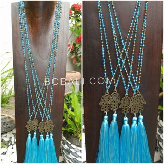 hamsa hand bronze pendant tassels necklace crystal bead 2color